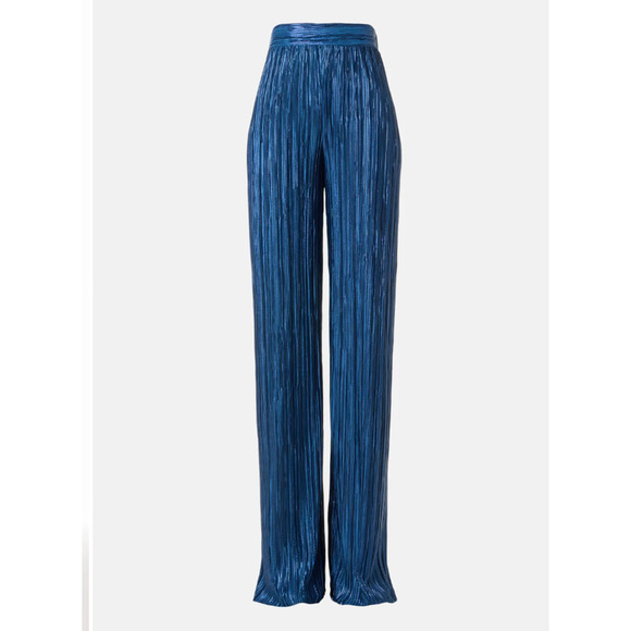Sabina Musayev Metallic Blue Plisse Pants LARGE Split Hem Cocktail Wide Leg $230 - Picture 5 of 12